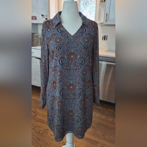 CAbi Blue and Brown Floral Long Sleeve Dress